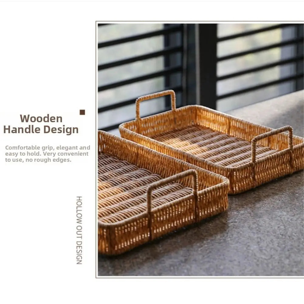 Wicker-Woven Plastic Serving Tray with Handles | 2 Sizes