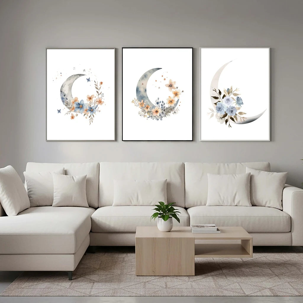 Plant Flower Wall Art, Nordic Moon Canvas Painting, Minimalist Aesthetic Poster Print for Living Room Bedroom Wall Decor Peaceful Pleasures Health and Wellness