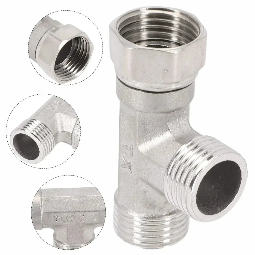 G1/2 Stainless Steel 3-Way T-Adapter Shower Water Splitter Valve