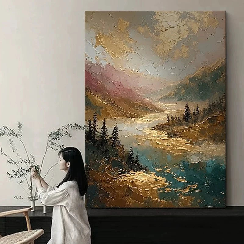 Modern Wall Art Home Decoration Gold Foil Scenery Mural Pure Hand Drawn Oil Painting Living Room Bedroom Porch Hanging Poster Peaceful Pleasures Health and Wellness