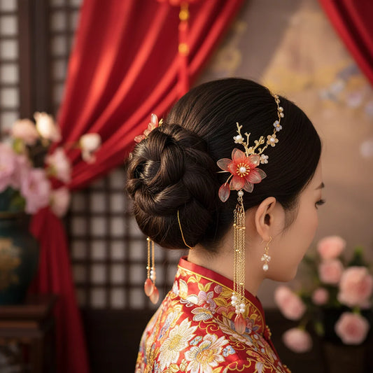 Retro Style Hairpin Set for Hanfu Flower Tassel Hair Accessories Wedding Bun Decoration Peaceful Pleasures Health and Wellness