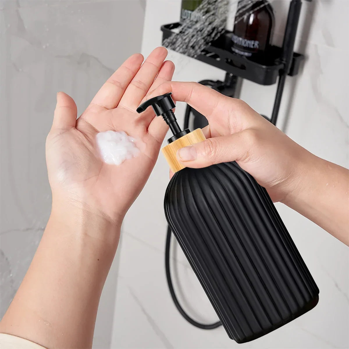 Bathroom Countertop Soap Dispenser – Plastic & Bamboo Organizer