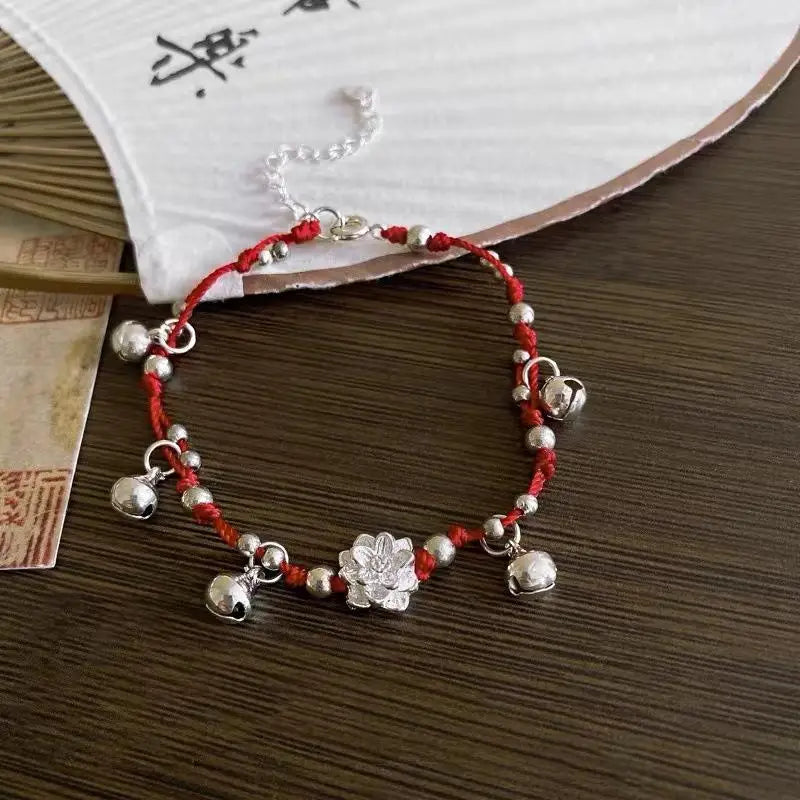 Chinese Red Rope Woven Bracelet | Bell Flower Charm Bangle