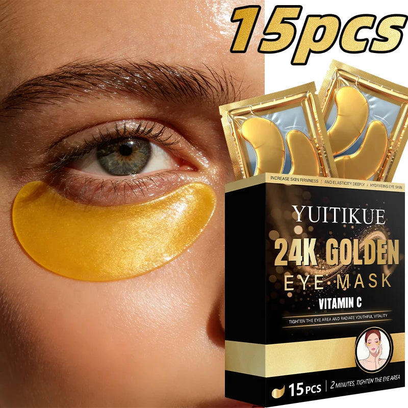 YUITIKUE 24K Golden Eye Mask | Vitamin C Infused | 2-Minute Eye Area Tightening & Hydrating Treatment | 15 Pcs Peaceful Pleasures Health and Wellness