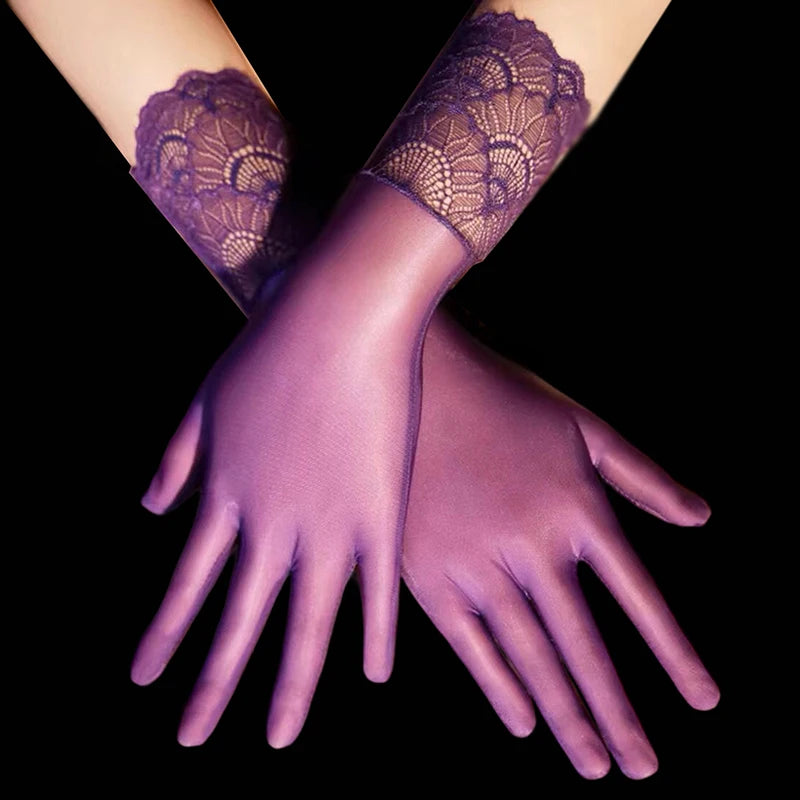 NEW Women Oil Glossy Tight Stocking Gloves Sexy High Elastic Transparent Ultra-Thin Clubwear Short Wrist Gloves Peaceful Pleasures Health and Wellness pueple lace trim