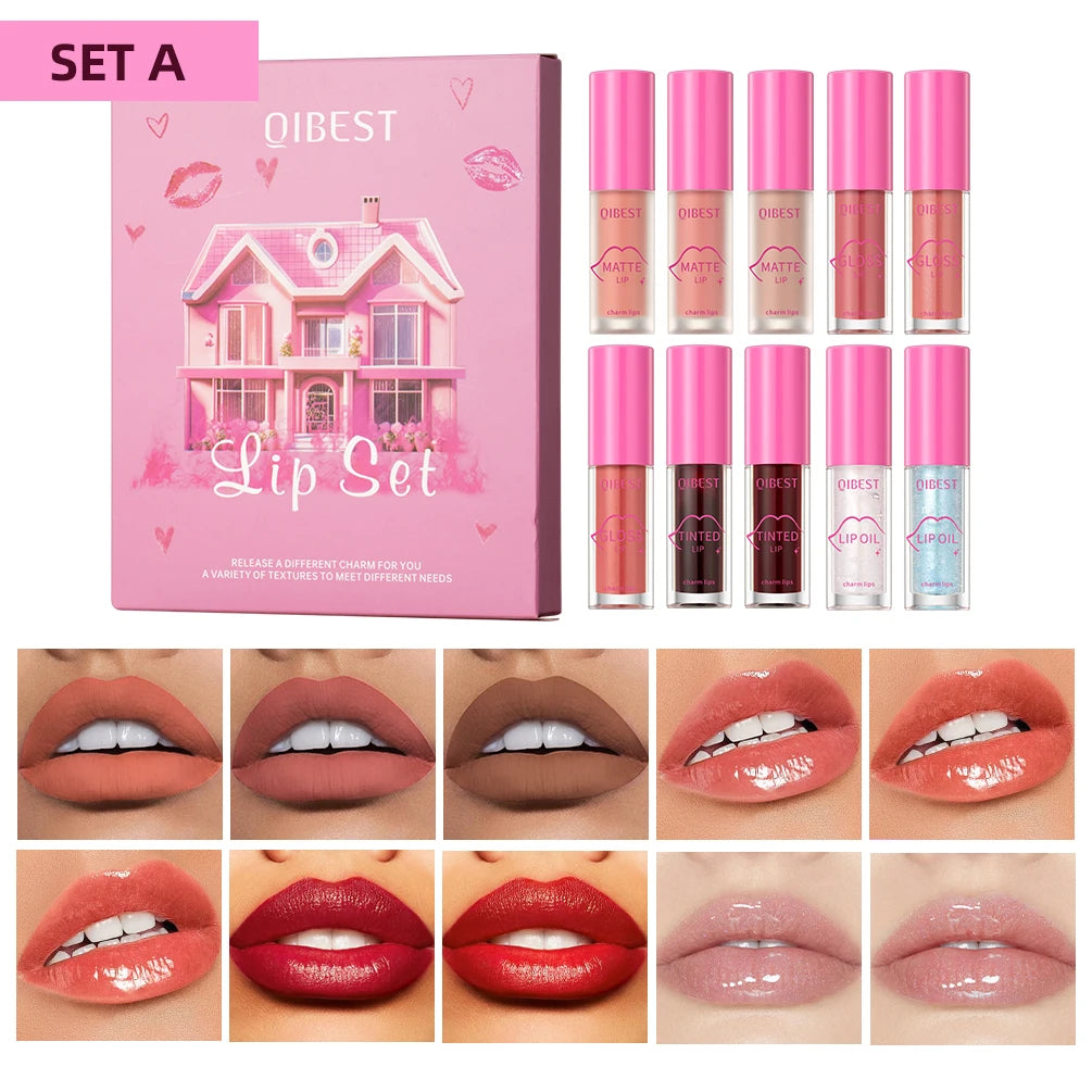 QIBEST 10 PCS Moisturizing Lip Gloss Sets Transparent Lip Oil Hydrating Lip Glaze Lip Plumper Matte Liquid Lipstick Makeup Kits Peaceful Pleasures Health and Wellness Set A