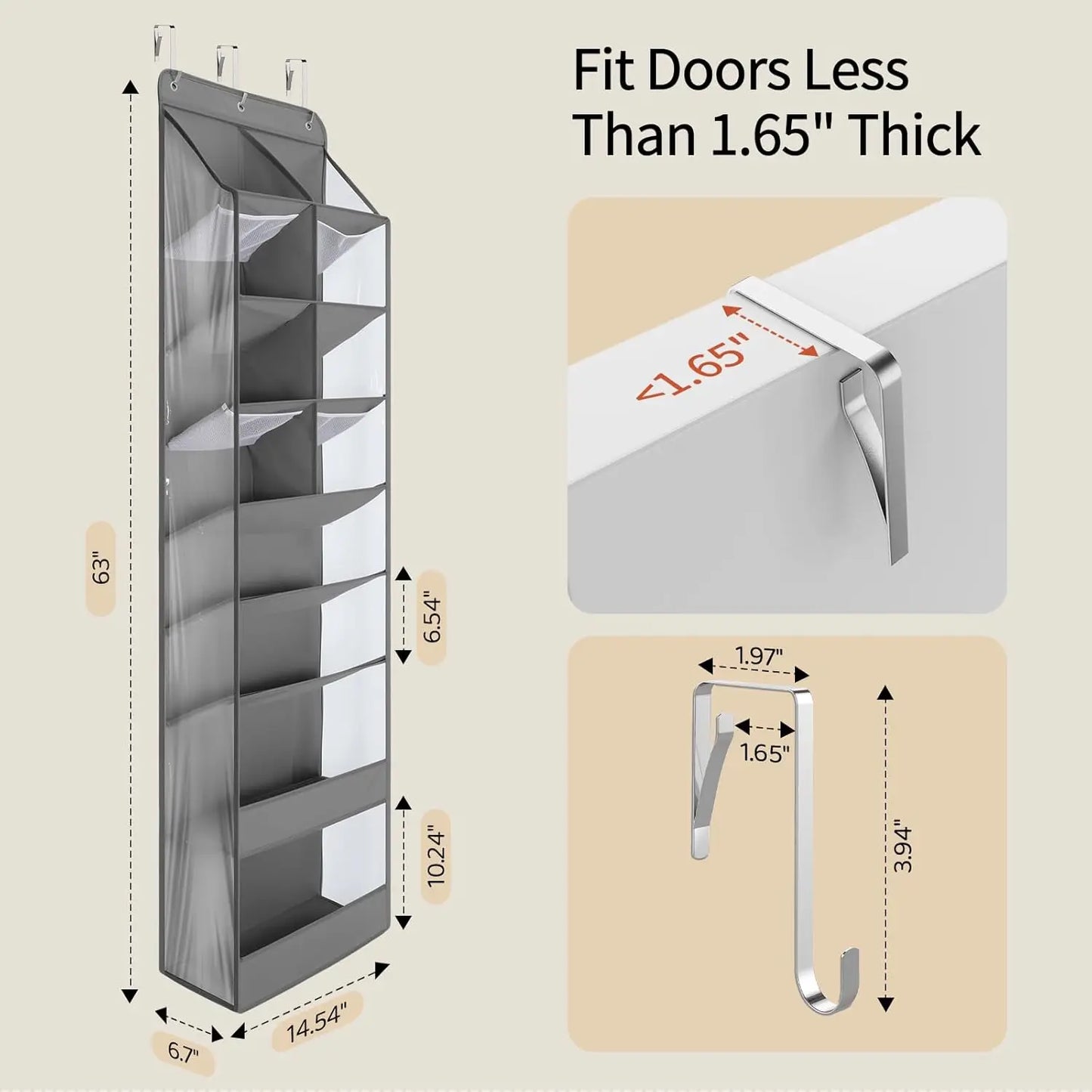 Wall-mounted shoe rack with dimensions and fitting instructions for doors less than 1.65 inches thick.