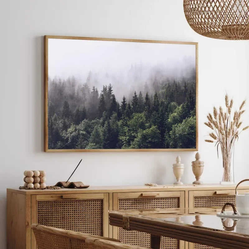 Foggy Green Forest Mountain Canvas Wall Art | Landscape Print