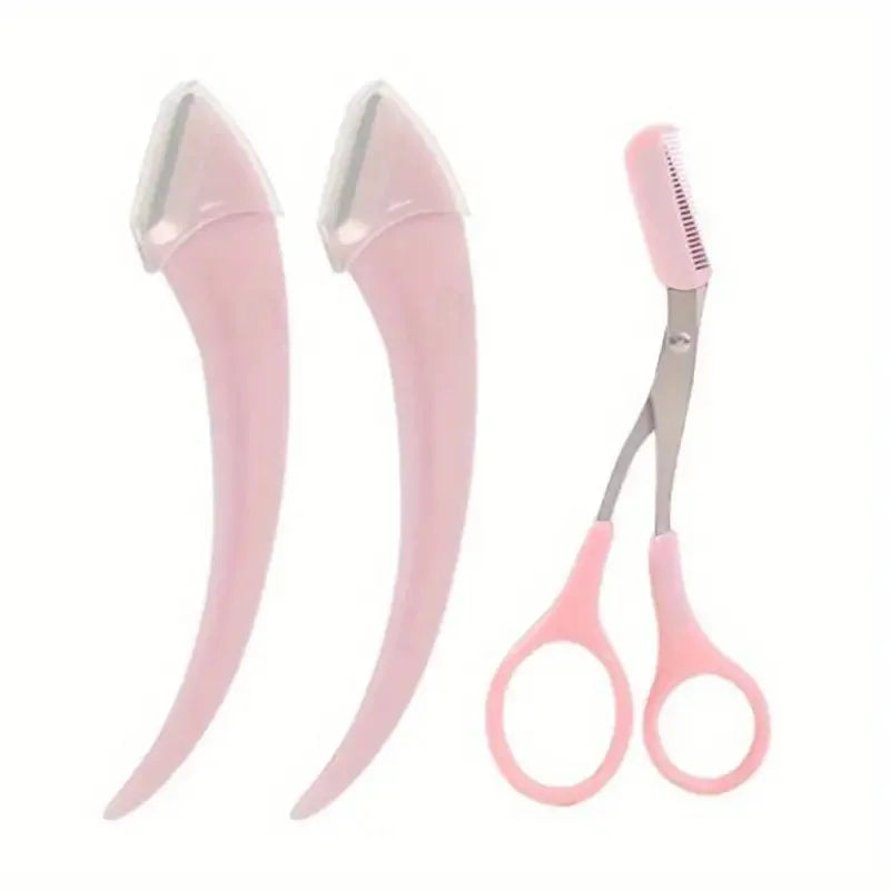 Eyebrow Trimmer Set – Curved Razor, Scissors & Comb Kit Eyebrow Grooming Set Peaceful Pleasures Health and Wellness 3Pcs Pink