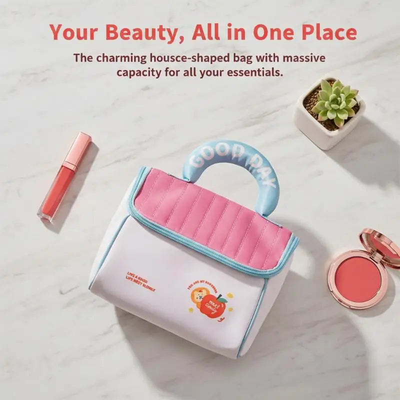 Cartoon Pattern Cute Hut Handbag Girls Large Capacity Cosmetic Organizer Portable Handheld Travel Toiletry Bag Peaceful Pleasures Health and Wellness