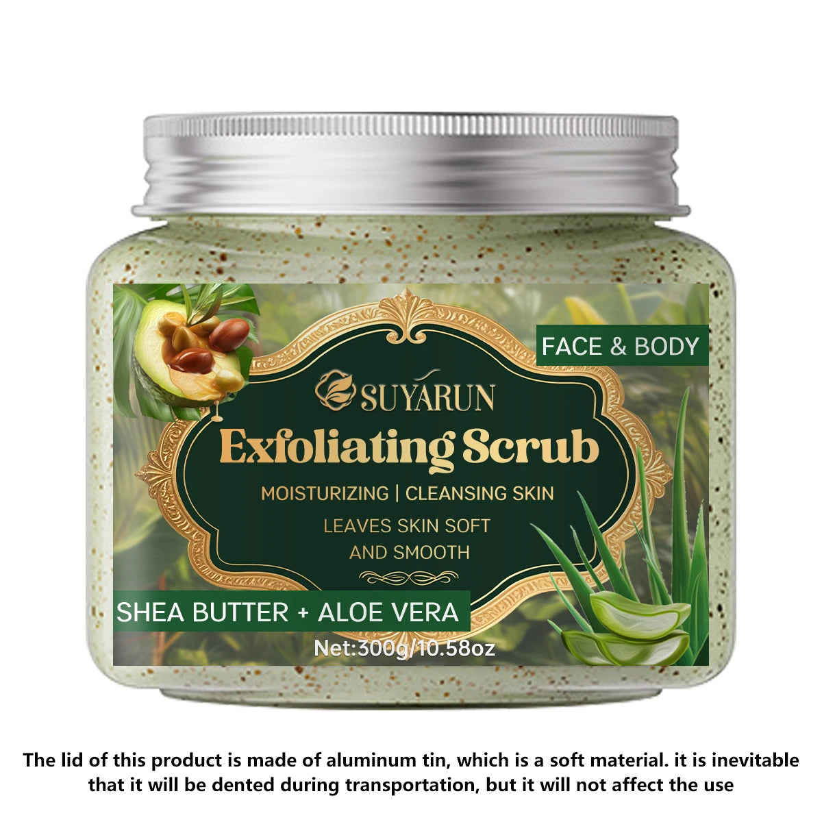 SUYARUN Shea Butter & Aloe Vera Exfoliating Scrub - Natural Face & Body Scrub, Gentle Exfoliator for Sensitive Skin. Peaceful Pleasures Health and Wellness 300g