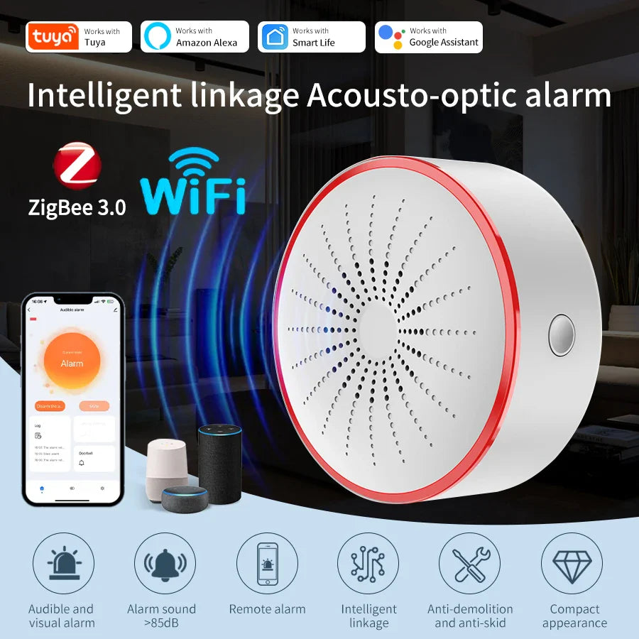 Tuya WiFi Zigbee Smart Sound & Light Alarm | USB Security