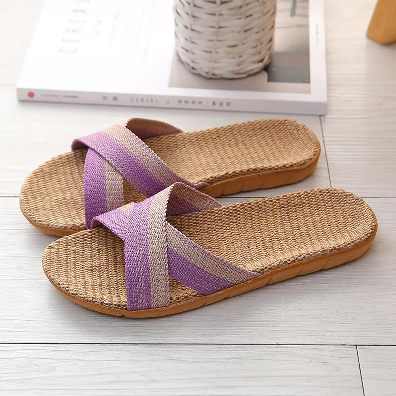 Women's Linen Flat Slippers – Lightweight Open Toe Indoor Slides