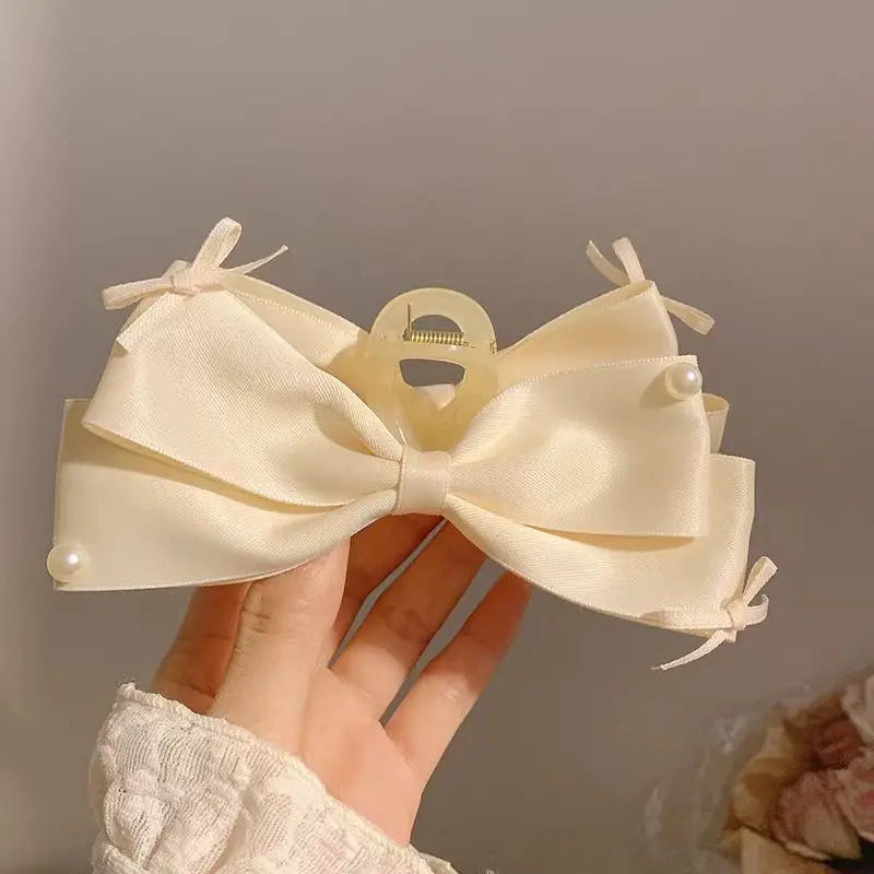 New Elegant Korean Bow Hairpin Pearl Accessory Simple Hair Clamp Creative Fashionable and Versatile Bow Hair Clip Hair Accessory Peaceful Pleasures Health and Wellness beige
