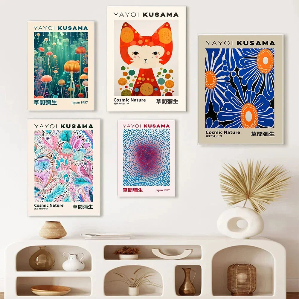 Japanese Abstract Mountain Canvas Wall Art | Yayoi Kusama Style