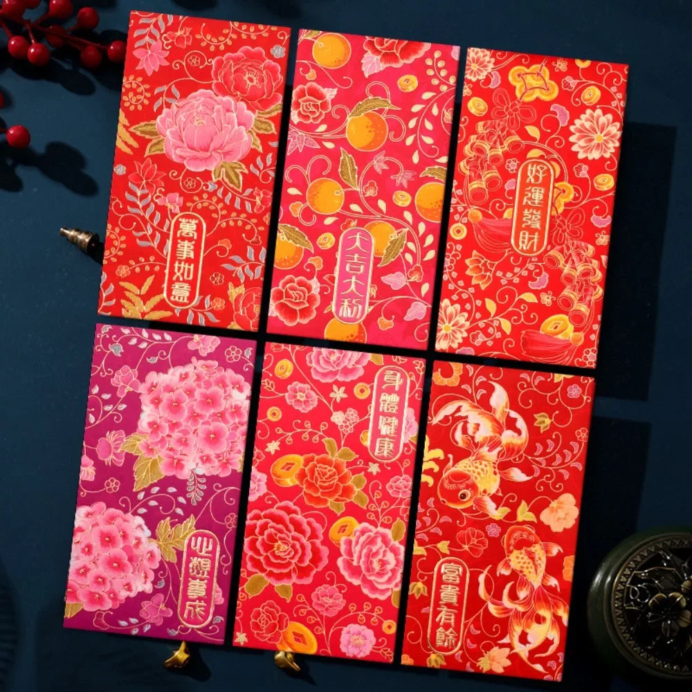 6pcs Hot Stamping Chinese New Year Red Envelope Rectangular Mixed Pattern Red Packet Thickened Solid Lucky Money Bag Peaceful Pleasures Health and Wellness Style H