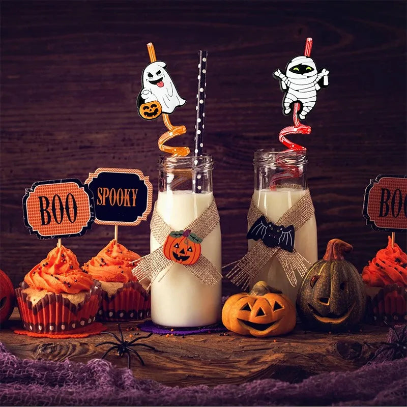 8pcs 27cm Plastic Halloween Straw Reusable Miner Plastic Spiral Drinking Straws Kids Birthday Party Decorations Juice Straws Peaceful Pleasures Health and Wellness