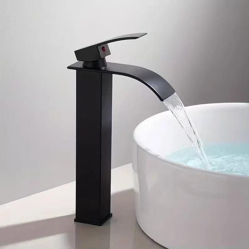 Matte Black Tall Waterfall Vessel Sink Faucet | Single Handle