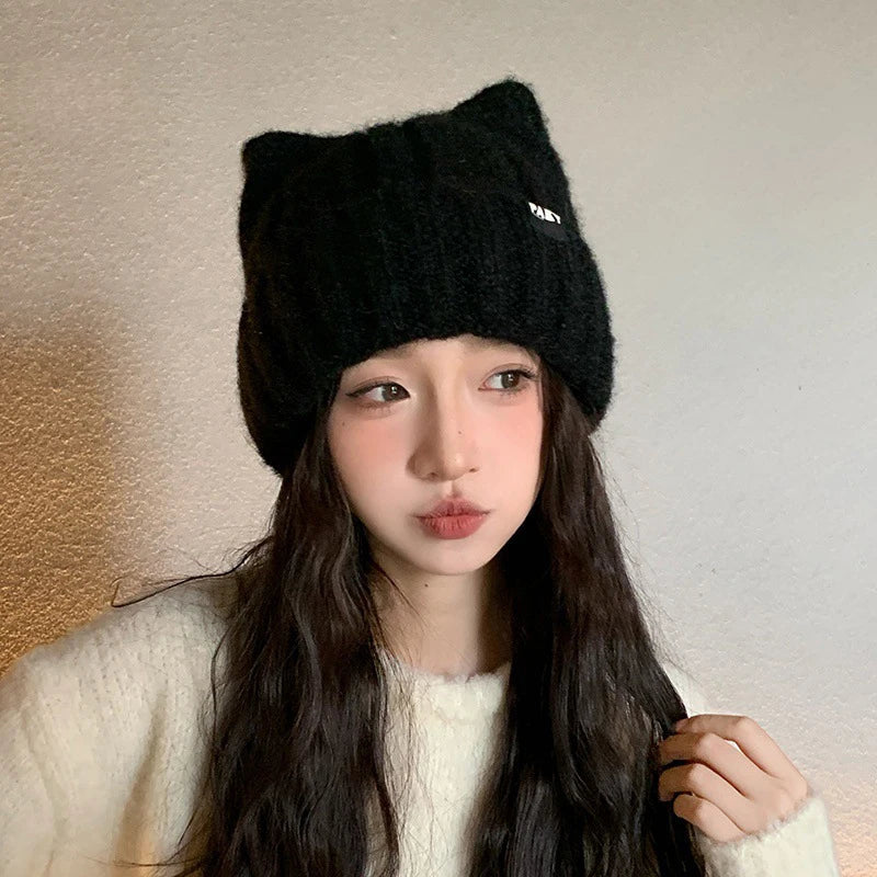 Cat Ear Knitted Beanie – Korean Style Winter Hat for Women
