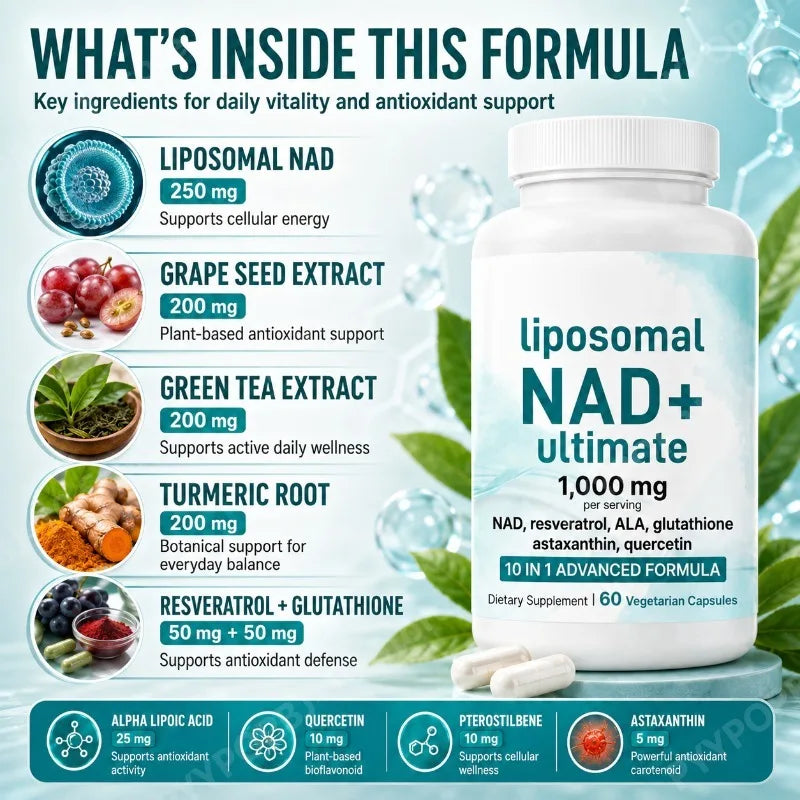Liposomal NAD+ 1000mg 10-in-1 | Resveratrol & Glutathione – 60ct