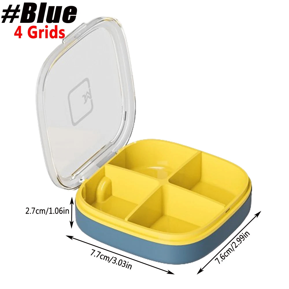 1Pcs Pill Case Portable Small Weekly Travel Pill Organizer Portable Pocket Pill Box Dispenser for Purse Vitamin Fish Oil Pillbox Peaceful Pleasures Health and Wellness 4 Grids-Blue