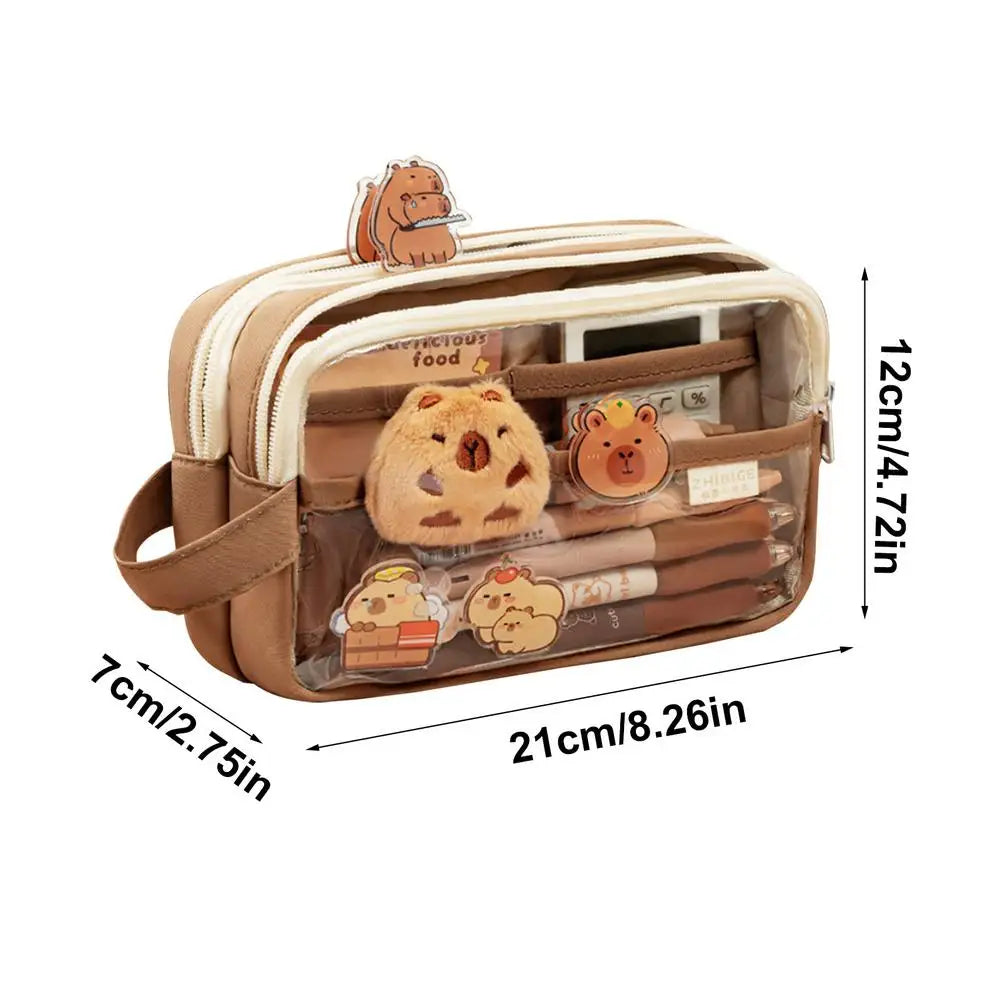cute Capybara Print Large Capacity Pencil Case, Clear Stationery Organizer Bag for School Office Art Supplies Storage Girls Kids Peaceful Pleasures Health and Wellness Coffee