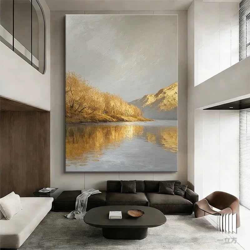 Hand Painted Canvas Oil Painting Abstract Gold Mountains TreesLandscape Poster Wall Art Picture Home Decor Mural For Living Room Peaceful Pleasures Health and Wellness