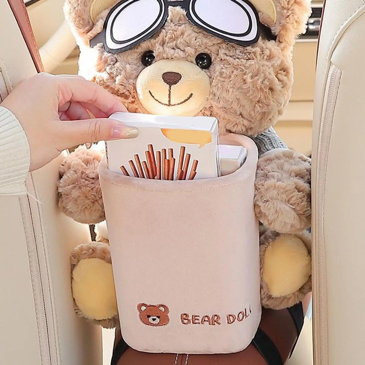 2-in-1 Plush Bear Car Tissue Holder & Armrest Trash Can