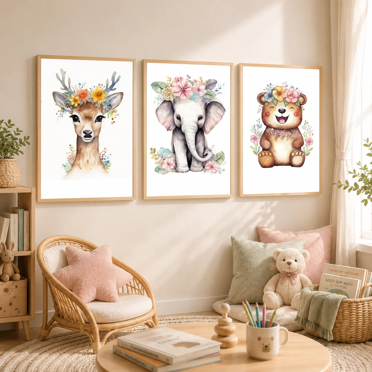Nursery Plant Flower Wall Art, Bear Deer Elephant Canvas Painting, Minimalist Animal Poster Print for Baby Kids Bedroom Decor Peaceful Pleasures Health and Wellness