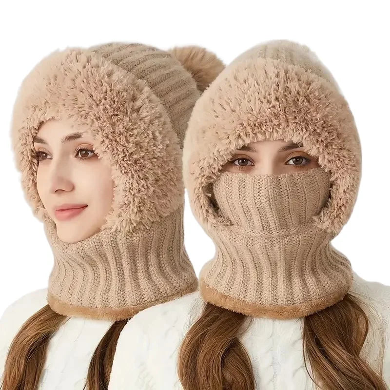 Thermal Fleece Knit Beanie with Ear Covers All-in-One Windproof Hood Neck Warmer Specifically for Bicycle Riders Peaceful Pleasures Health and Wellness Khaki 1pc One Size