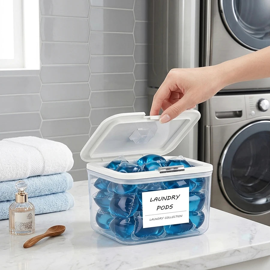 Laundry Pods Container with Press-and-Pop Lid – Detergent Powder Jar & Laundry Room Organizer