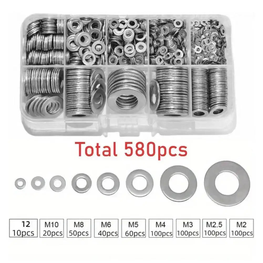 80-580Pcs Stainless Steel Flat Washers Set Seal Screw Gasket Rings Assortment Kit M2 M2.5 M3 M4 M5 M6 M8 M10 Spring Lock Washers Peaceful Pleasures Health and Wellness 580pcs