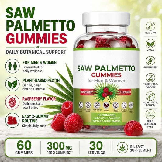Saw Palmetto Gummies Raspberry | Non-GMO Gluten-Free 60ct Herbal Supplement Gummies Peaceful Pleasures Health and Wellness