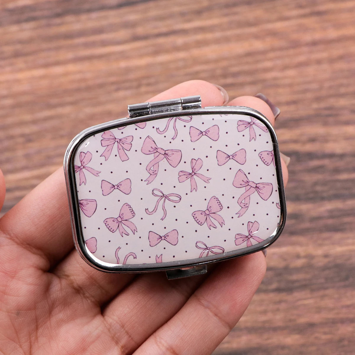 Pink Bow Mini Pill Box Travel Pill Box 2 Compartment Pocket Pill Container Daily Portable Medicine Storage Box Peaceful Pleasures Health and Wellness