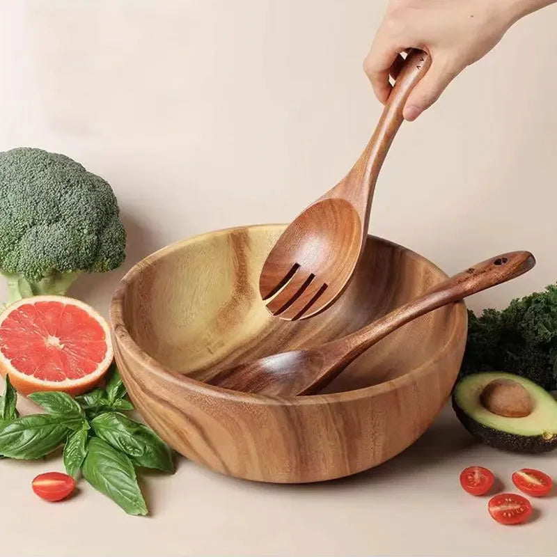 2-Piece Japanese-Style Wooden Serving Spoon & Fork Set – Long Handle Salad Scoop & Serving Utensils