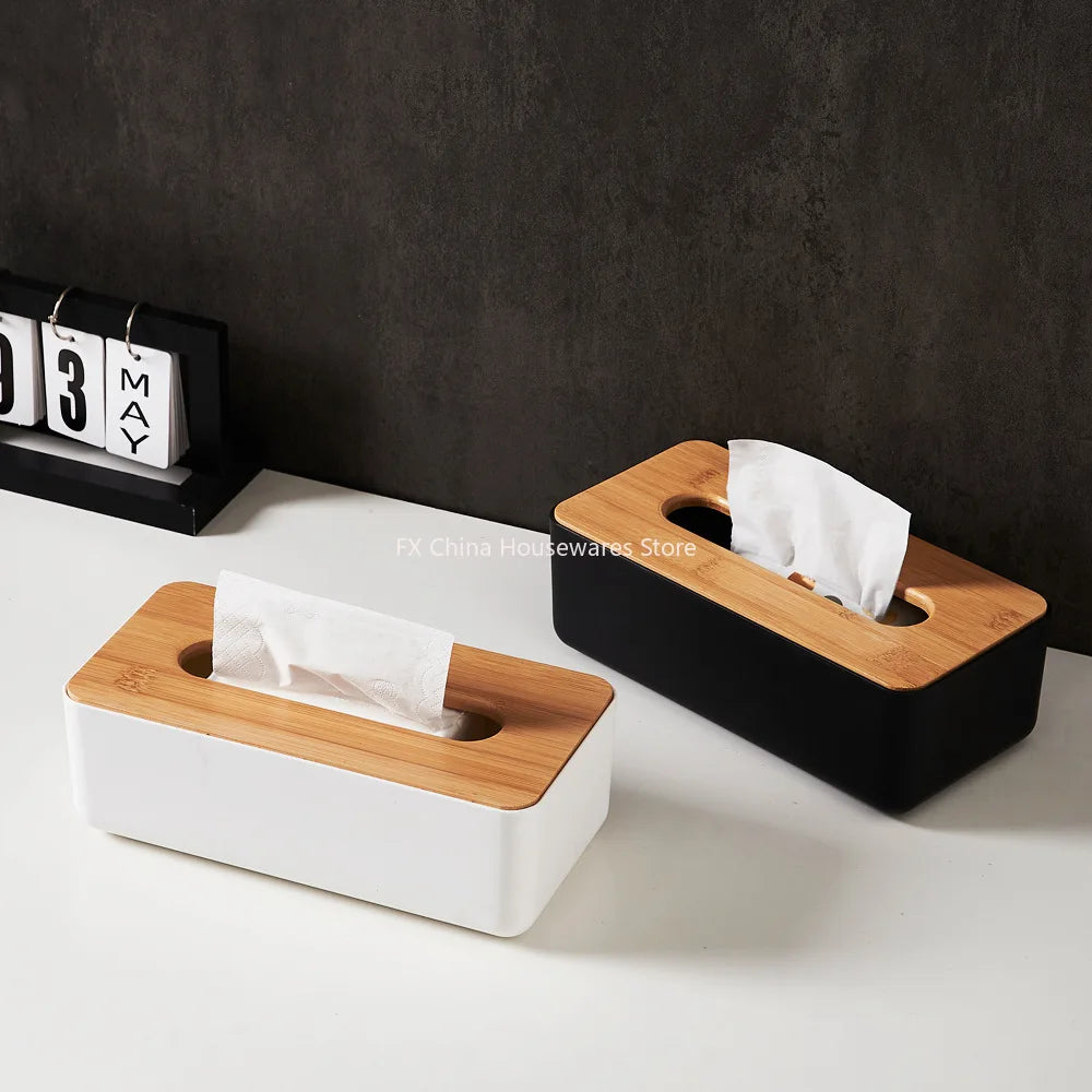 Bamboo Lid Plastic Tissue Box Organizer Rectangular Paper Towel Holder for Living Room Bathroom Kitchen Storage Peaceful Pleasures Health and Wellness