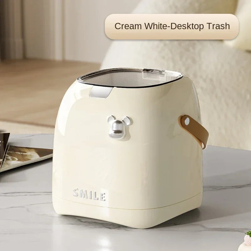 Desktop Decoration Wastebasket Trash Can Small Paper Basket Recycle Bin Handle Tissue Storage Box Deluxe Mini Household Cleaning Peaceful Pleasures Health and Wellness Type B Creamy white <4L