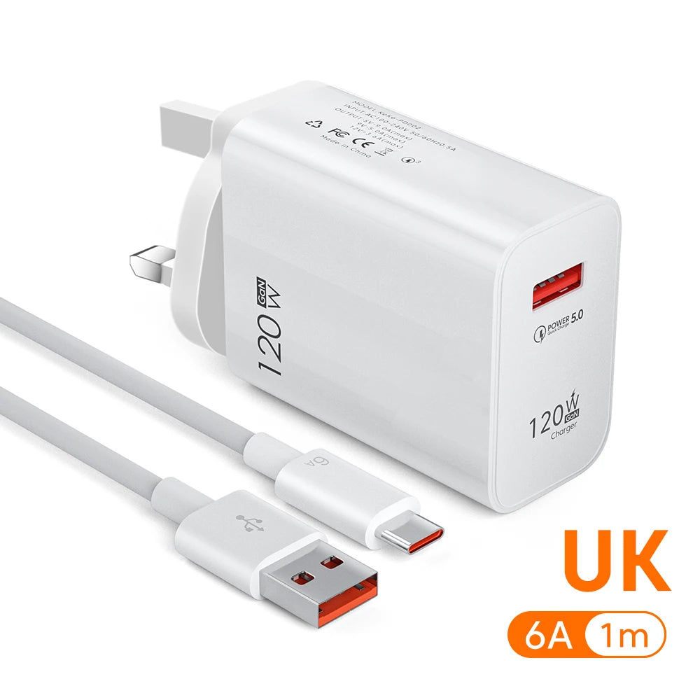 120W Fast USB Wall Charger QC3.0 + 6A Type-C Cable