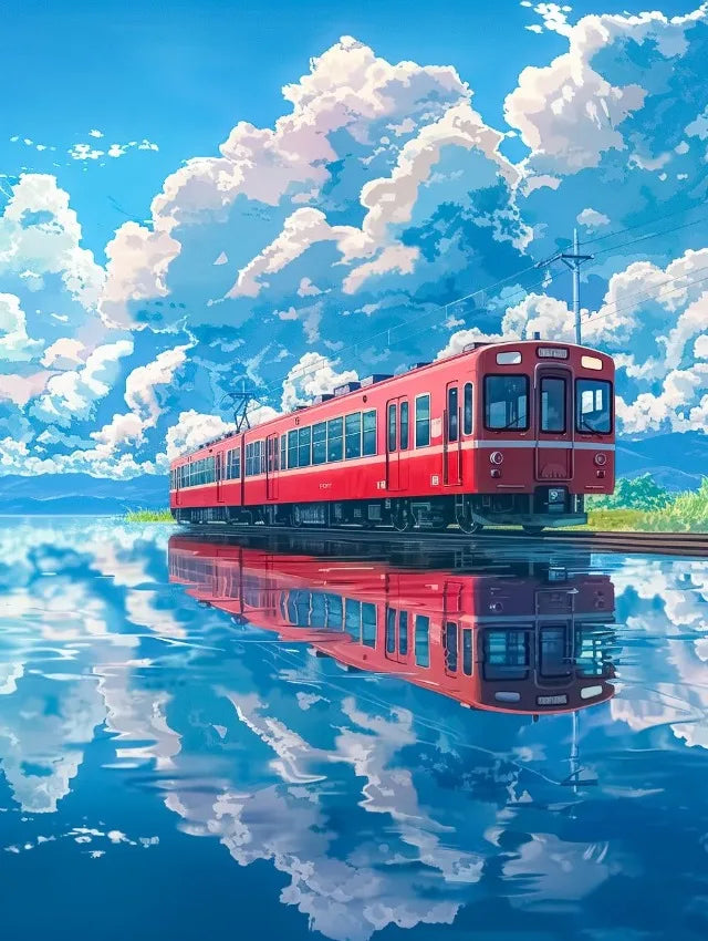 Japanese Anime Landscape Canvas Print | Tram Train Ocean Wall Art Canvas Wall Art Print Peaceful Pleasures Health and Wellness 2 40x60cm Unframed
