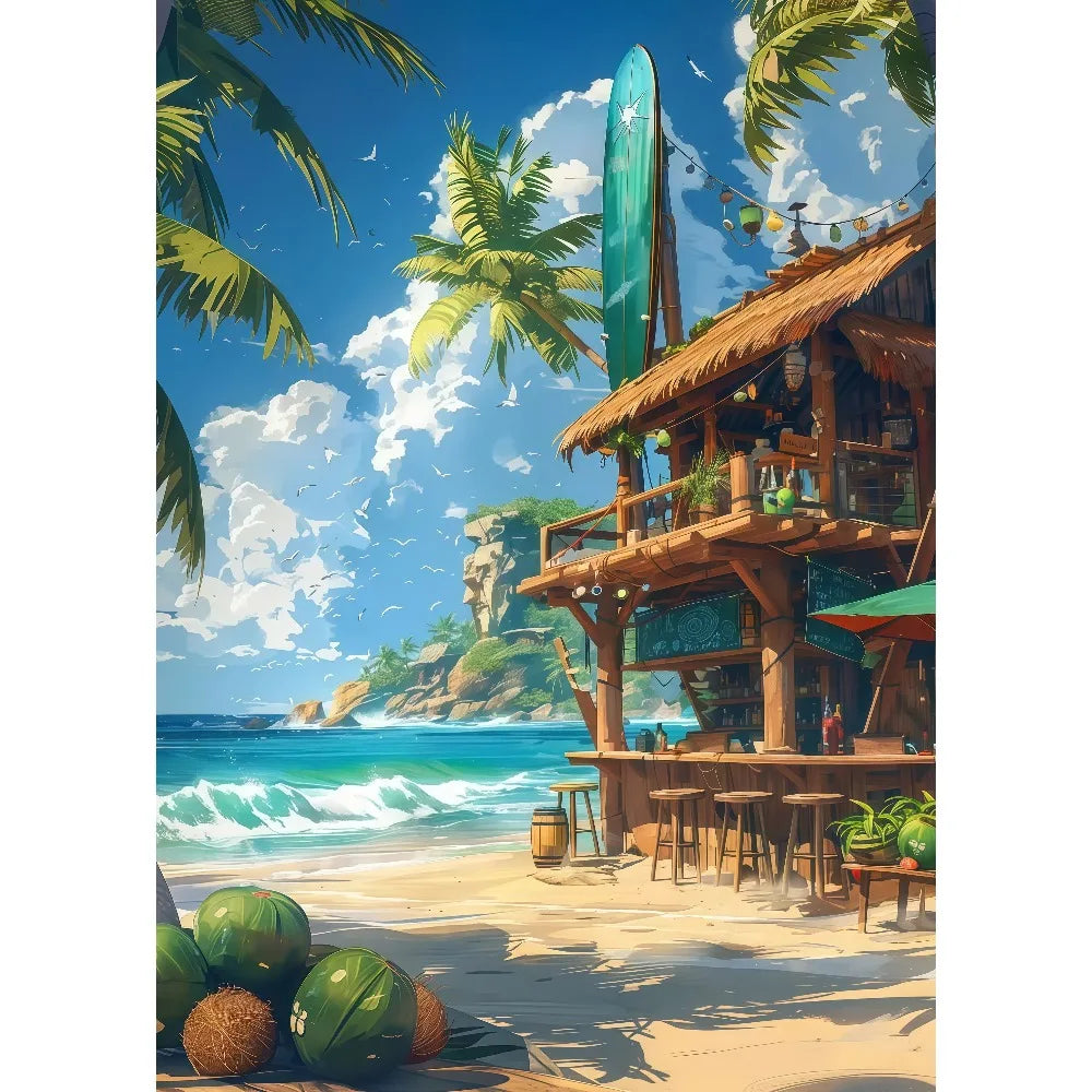 Anime Summer Landscape Canvas Wall Art | Beach Forest Cabin