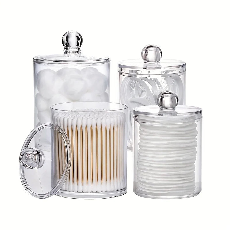 4 Pack Qtip Holder 12 oz, 10 oz Restroom Bathroom Organizers and Storage Containers, Clear Plastic Apothecary Jars with Lids Peaceful Pleasures Health and Wellness Clear