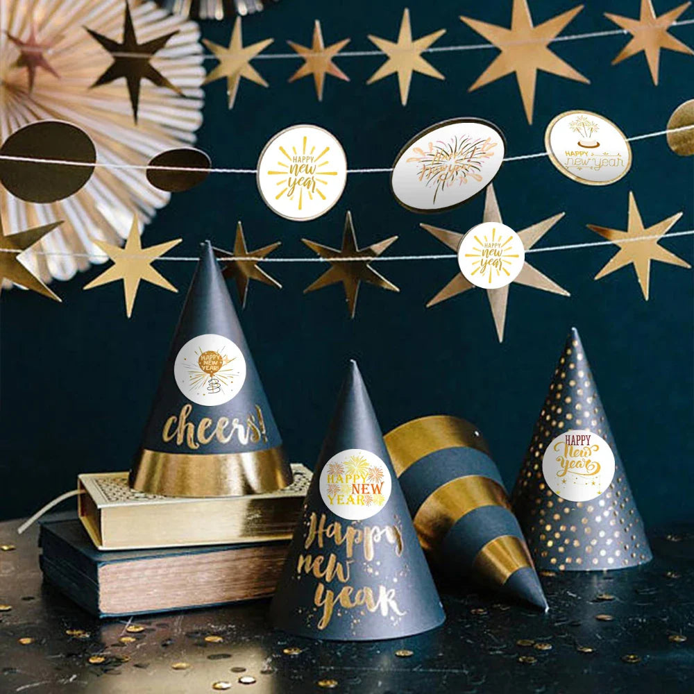 500pcs Gold Foil Happy New Year Stickers – Gift & Cake Packaging