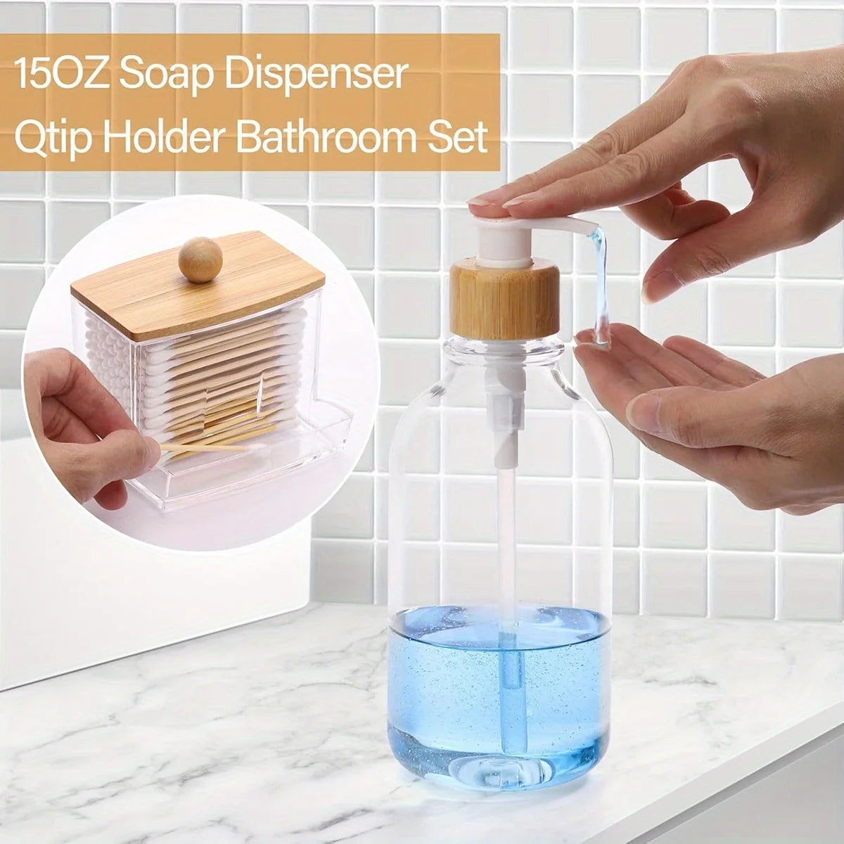 Bathroom Jar Accessories Set 4 Pcs - Clear Toothbrush Holder Plastic Soap Dispenser Bathroom Cup Dispenser Qtip Holder Peaceful Pleasures Health and Wellness