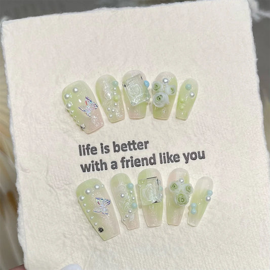 3D Rose Aurora Butterfly Press On Nails – 10pc Clear Green Set Press On Nails Peaceful Pleasures Health and Wellness