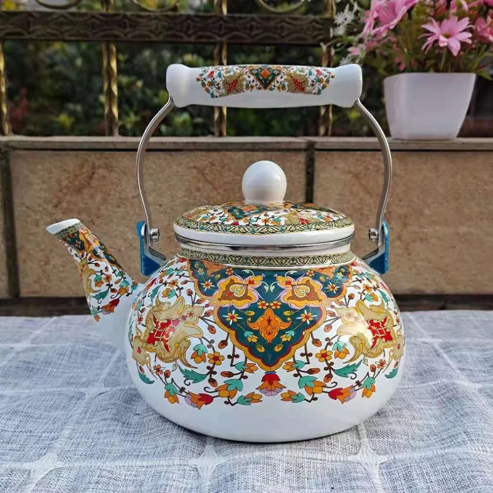 Chinese Style Enamel Teapot Floral Enameled 2.5L Gas Water Kettle Antiscald Handle Pear-shaped Coffee Pot Gas Induction Cooker Peaceful Pleasures Health and Wellness F
