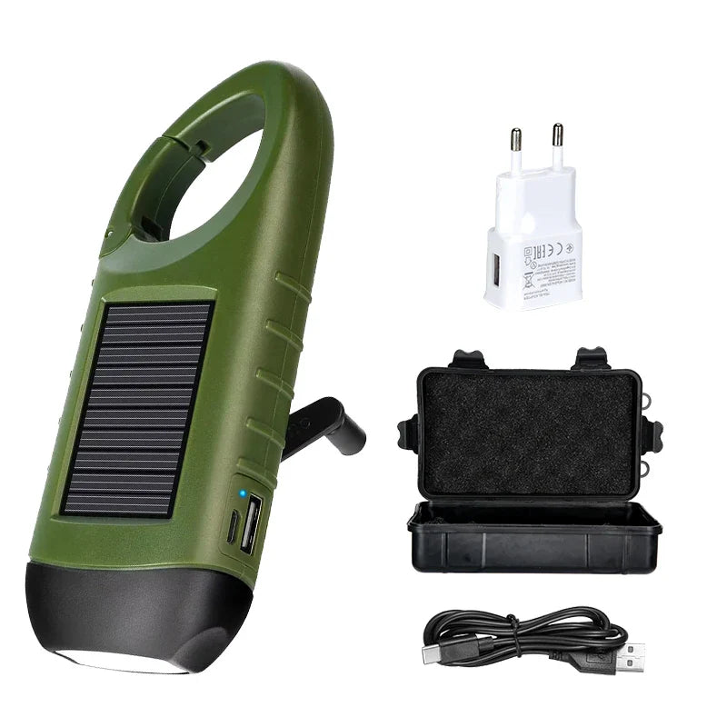 Solar Hand Crank LED Flashlight – Camping Emergency Torch