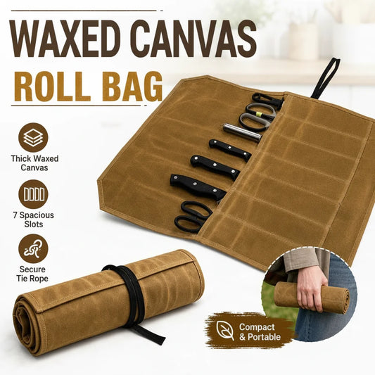 Chef Knife Roll Bag – 7 Pocket Waxed Canvas Knife Organizer Knife Roll Bag Peaceful Pleasures Health and Wellness