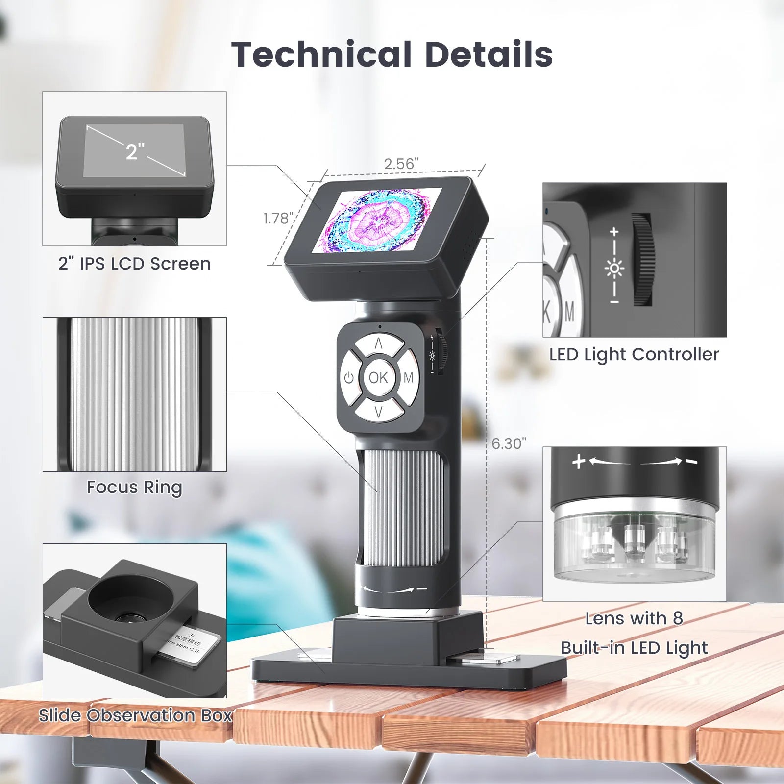 2 Inch Digital Microscope 2Mp 500X Magnification 8 Led Light Electronic Microscopio for Adult Soldering Peaceful Pleasures Health and Wellness