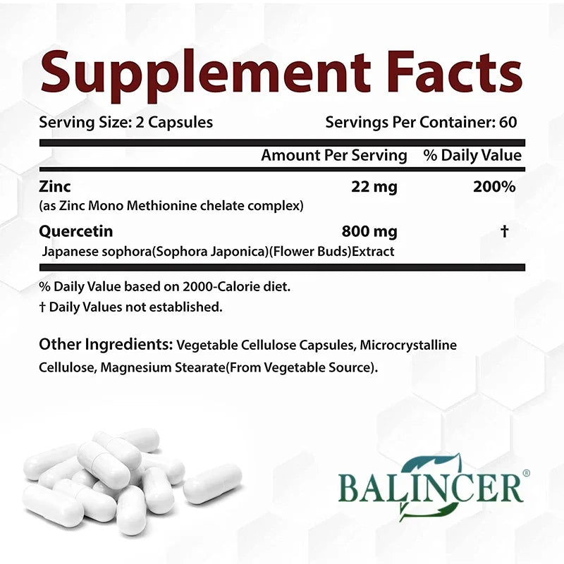 Quercetin + Zinc Vegetarian Capsules - Supports Immune, Skin and Bone Health, Nutritional Metabolism Supplement Peaceful Pleasures Health and Wellness