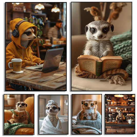 Funny Meerkat Canvas Wall Art | Cozy Animal Coffee Lover Print Canvas Wall Art Peaceful Pleasures Health and Wellness